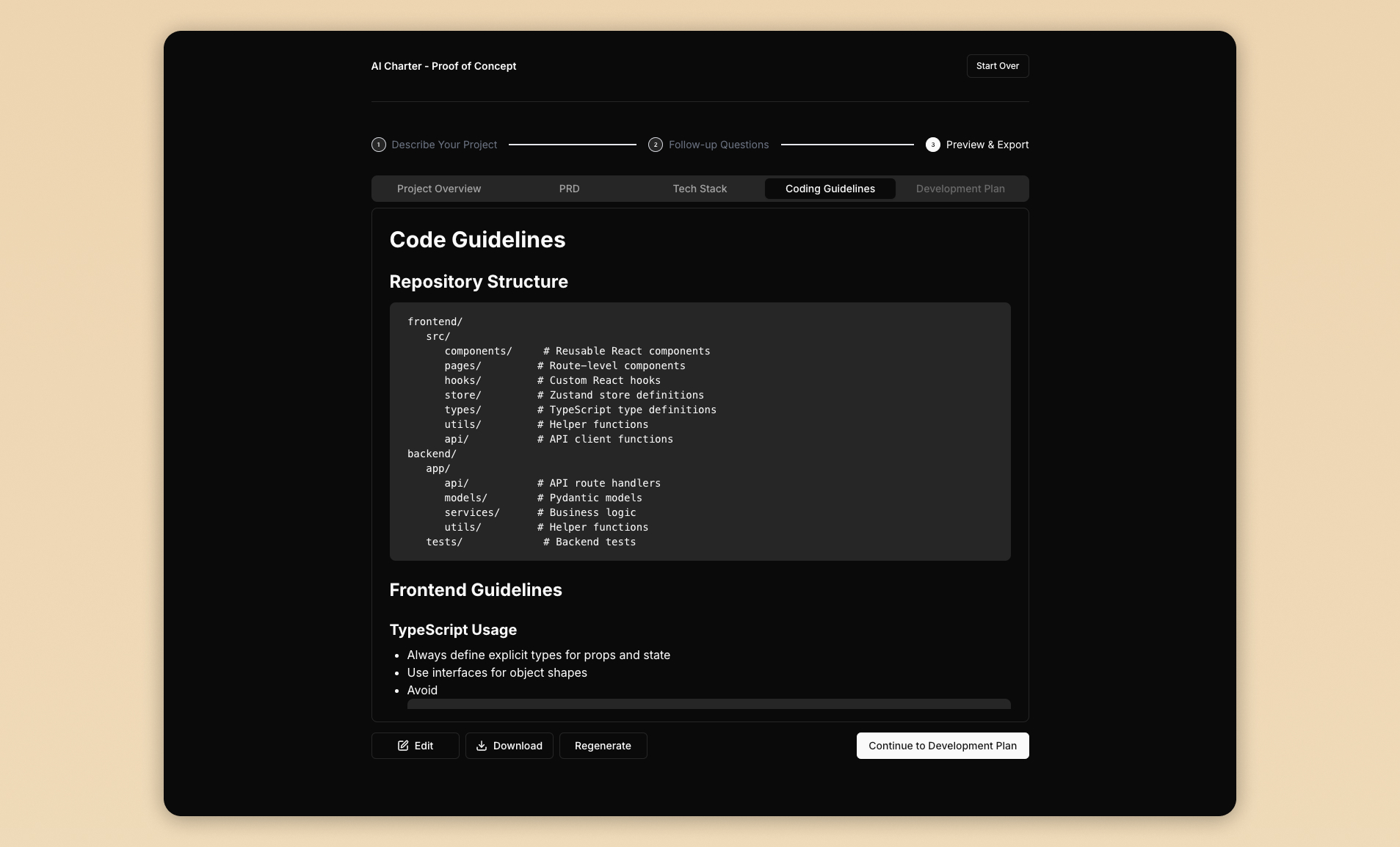 A screenshot of the Code Guidelines document generated by the LLM.